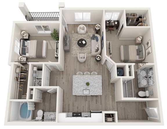 A top-down view of a modern, well-organized apartment with a central living area, kitchen, and bedrooms.