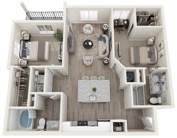 A top-down view of a modern, minimalist apartment with a central living area, two bedrooms, and a bathroom.