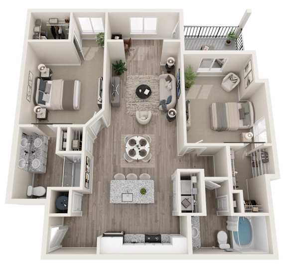 A top-down view of a small apartment with a kitchen, living room, and bathroom.