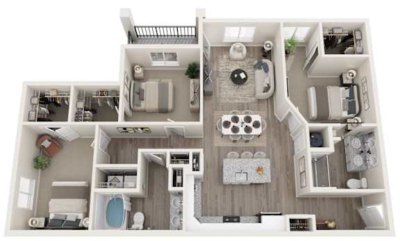 A top-down view of a modern apartment layout with a kitchen, living room, and bedrooms.