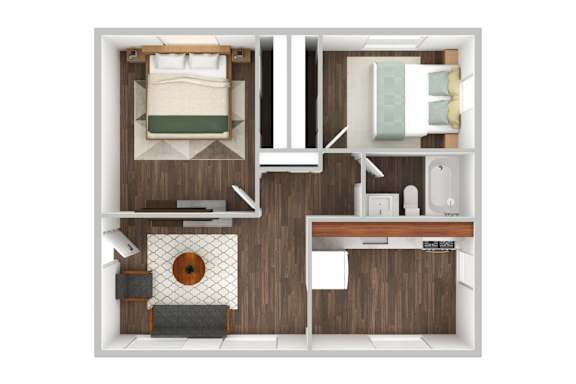 A top down view of a small apartment with a bed, desk, and kitchen area.