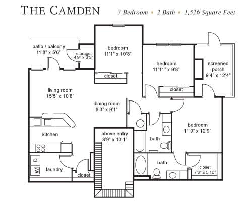 A floor plan of a 3 bedroom, 2 bathroom house with a total area of 1,526 square feet.