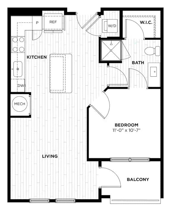 A black and white floor plan of a house with a living room, kitchen, bathroom, bedroom, and balcony.