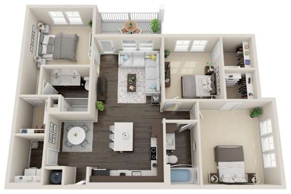 A 3D floor plan of a small apartment with a kitchen, living room, and bedrooms.