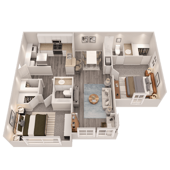 A 3D rendered image of a house layout.