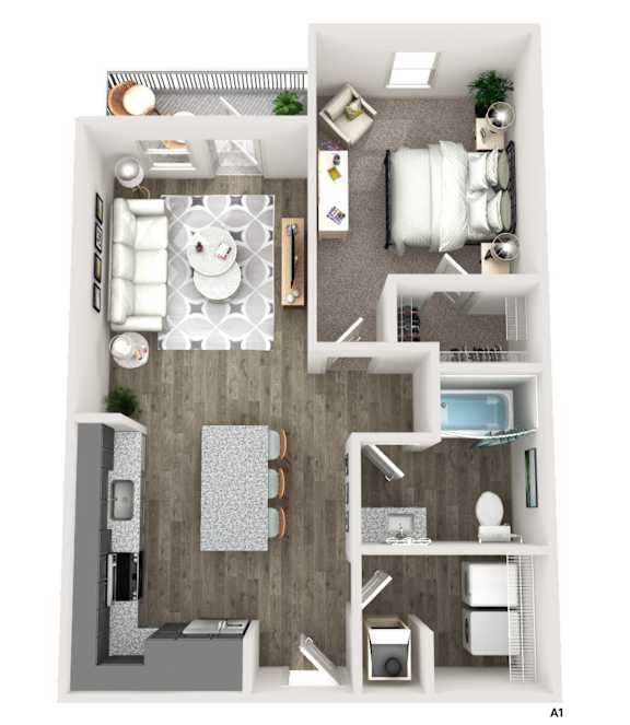 A top-down view of a modern apartment layout with a kitchen, living room, and bedroom.
