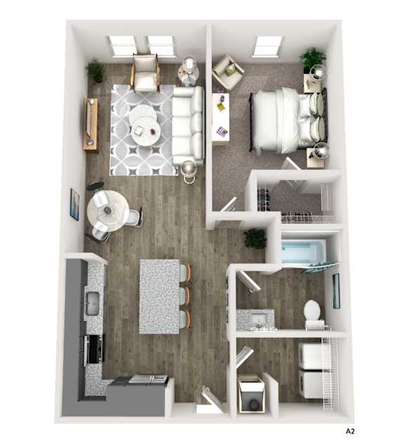 A 3D floor plan of a small apartment with a kitchen, living room, and bathroom.