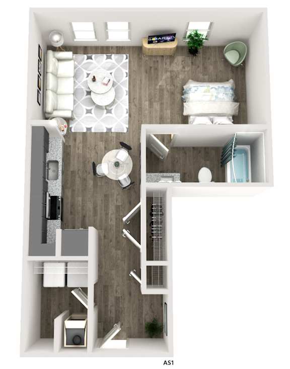 A top down view of a small apartment layout.
