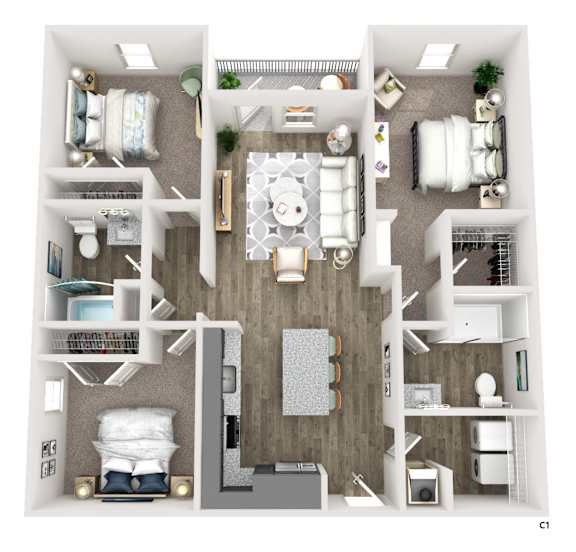 A top-down view of a small apartment with a living room, kitchen, and bedrooms.