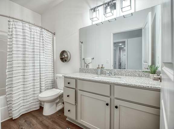 A bathroom with a toilet, sink, and shower curtain.