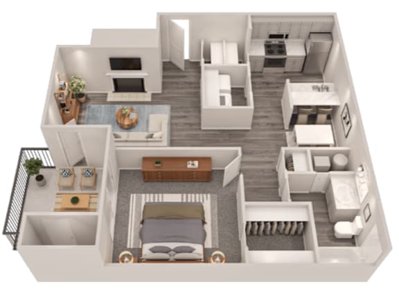 A 3D floor plan of a small apartment with a kitchen, living room, and bedroom.