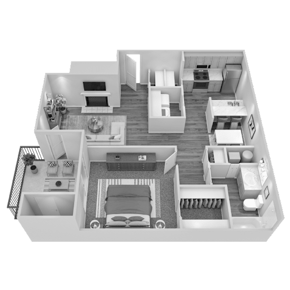 A 3D floor plan of a house showing a living room, kitchen, dining room, and bedrooms.