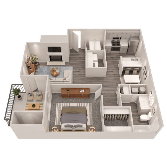 A 3D floor plan of a house showing a living room, kitchen, dining room, and bedrooms.