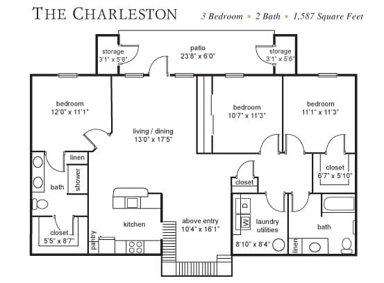 A floor plan of a three bedroom apartment with two bathrooms and a total area of 1,587 square feet.