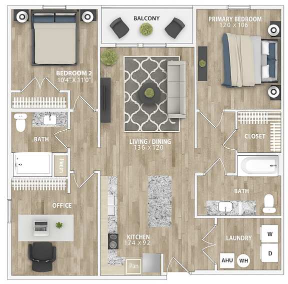 A detailed layout of a house floor plan including a living room, kitchen, and two bedrooms.