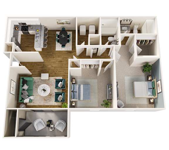 A top down view of a house layout with a kitchen, living room, dining room, and bathroom.