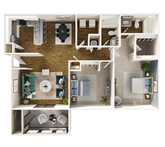 A top-down view of a small apartment layout with a kitchen, living room, and bathroom.