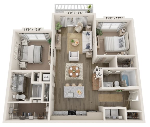 a 3d floor plan of a house with a bedroom and a living room