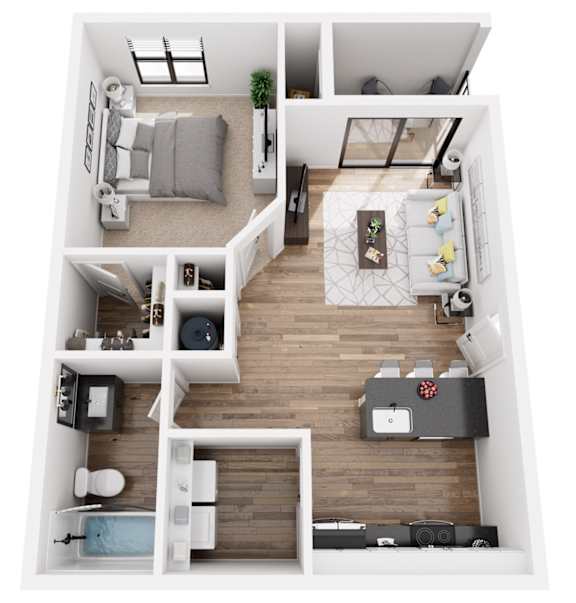 A top-down view of a small apartment with a bedroom, living room, kitchen, and bathroom.