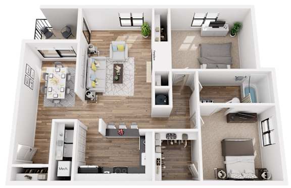 A top-down view of a modern apartment layout with a kitchen, living room, and bedrooms.