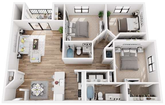 A top-down view of a modern apartment layout with multiple rooms and furniture.