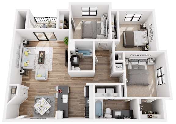 A top-down view of a modern apartment layout with a kitchen, living room, bedrooms, and bathrooms.