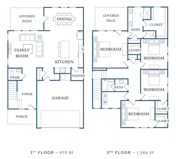 a blueprint of two floor plans of a house with two bedrooms and a family room