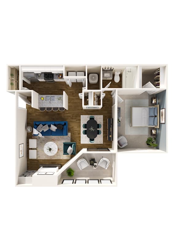 A top down view of a small apartment with a bedroom, living room, kitchen, and bathroom.