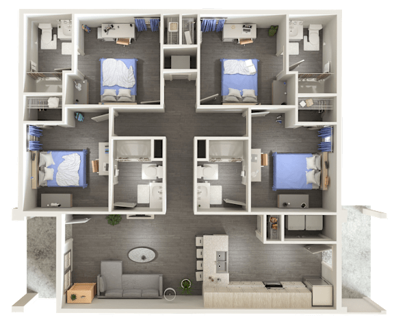 A 3D floor plan of a small apartment with two bedrooms, a living room, and a kitchen.