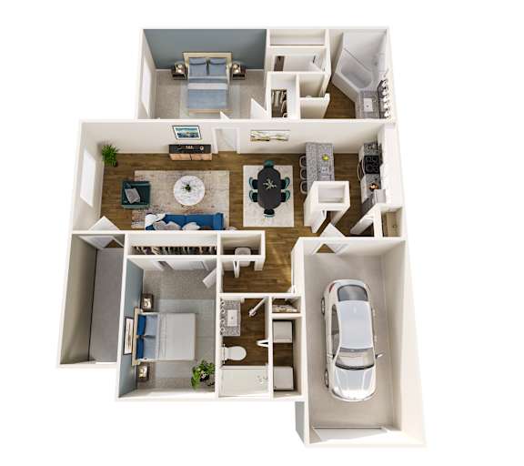 A top down view of a house interior with a car parked in the driveway.