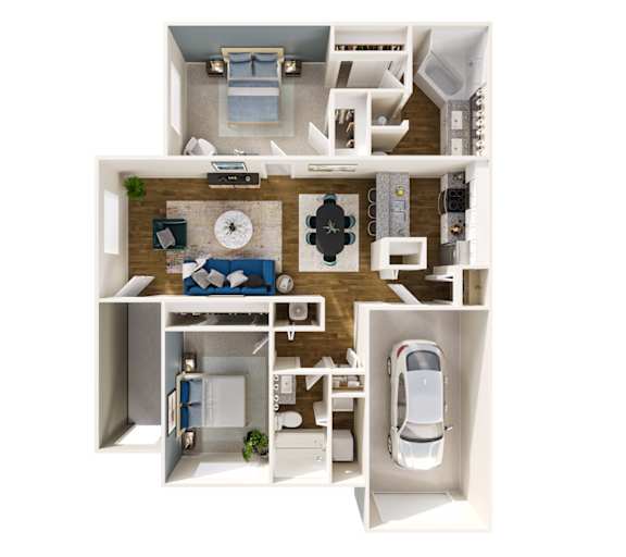 A 3D floor plan of a house with a car parked in the garage.