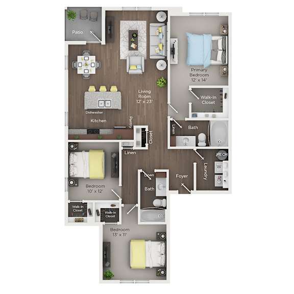 A floor plan of a house with a kitchen, living room, and three bedrooms.