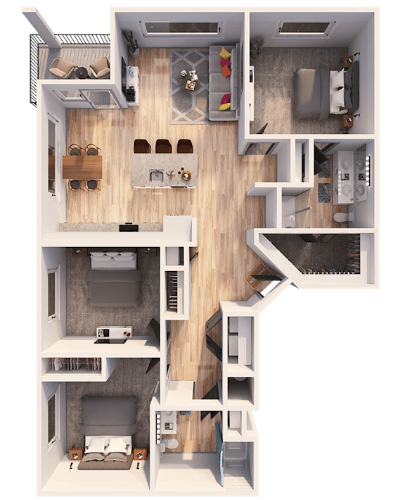 A detailed 3D floor plan of a small apartment layout.