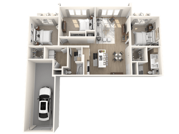 Floor Plan  A 3D floor plan of a house with a car parked in the garage