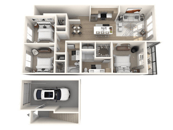 Floor Plan  A 3D floor plan of a house with a car garage