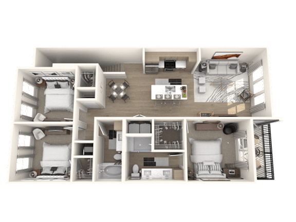 A 3D floor plan of a house with multiple rooms and furniture