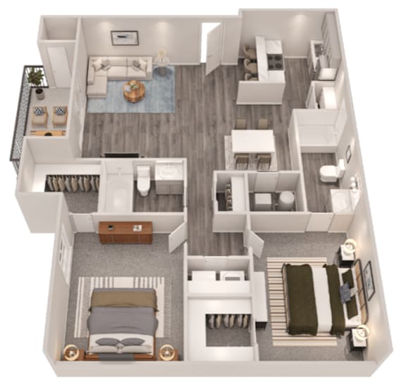 A top-down view of a modern apartment layout with a living room, kitchen, and two bedrooms.