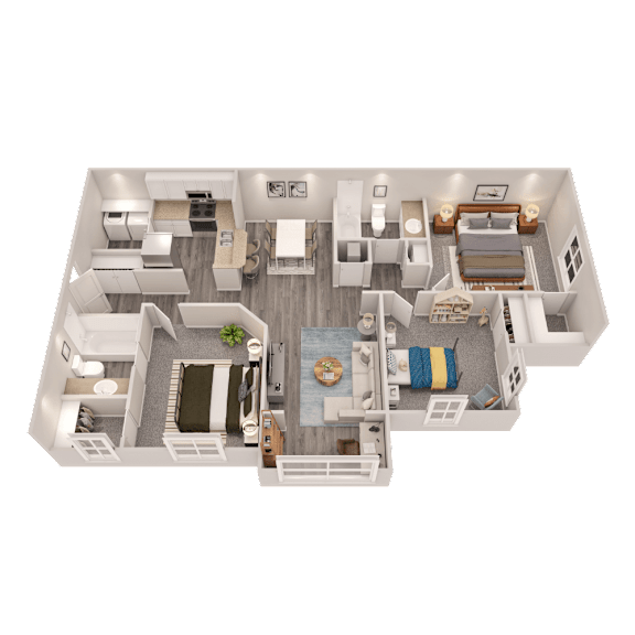 A 3D floor plan of a house with a living room, kitchen, dining area, and bedrooms.