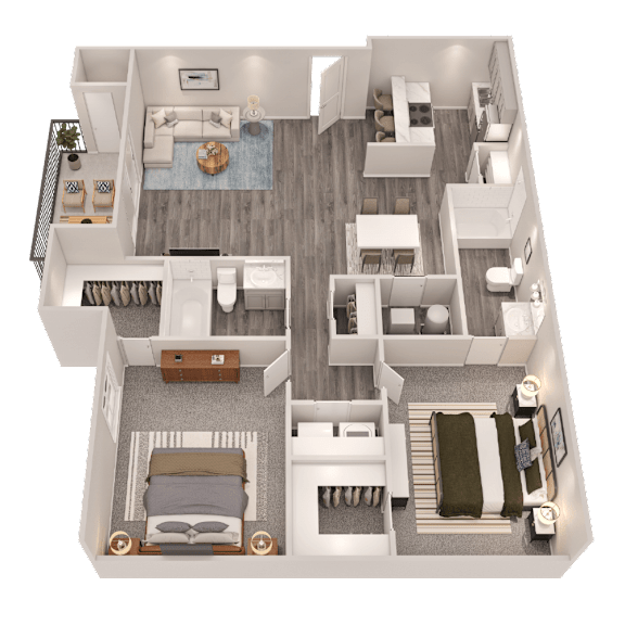 A 3D floor plan of a house with multiple rooms and furniture.