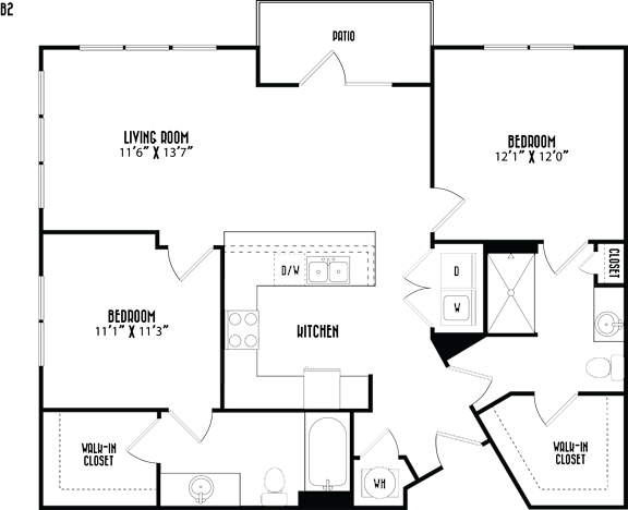 A floor plan of a house with a living room, two bedrooms, a bathroom, a kitchen, and a closet.