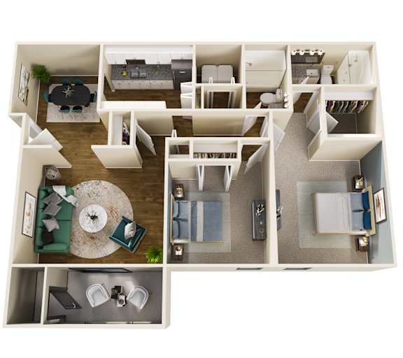 A floor plan of a house with a living room, kitchen, and bathrooms.