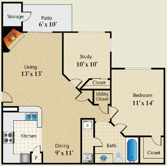 A floor plan of a house with a living area, kitchen, and bedrooms.