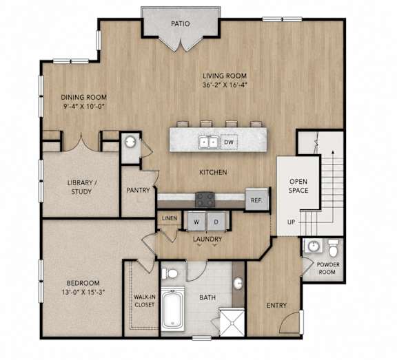 A floor plan of a house with a living room, dining room, kitchen, and other rooms.