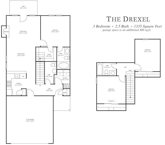 A floor plan for a 3 bedroom, 2.5 bath home with a garage.