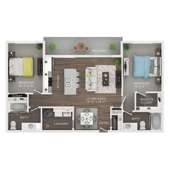 A floor plan of a small apartment with a living area, two bedrooms, a kitchen, bathroom, laundry, and a balcony.