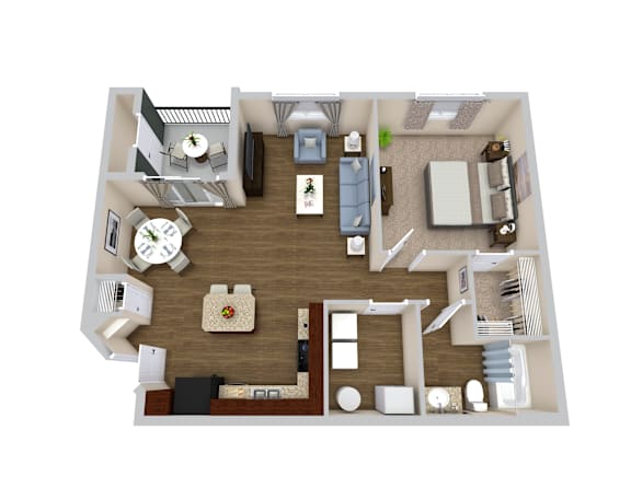 A top-down view of a well-furnished apartment.