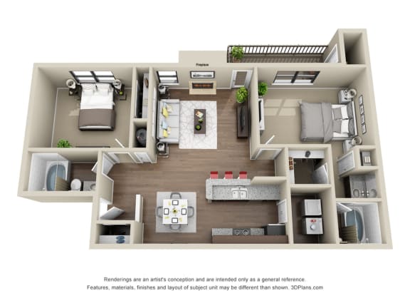 a stylized 3d drawing of a 1 bedroom floor plan with a balcony