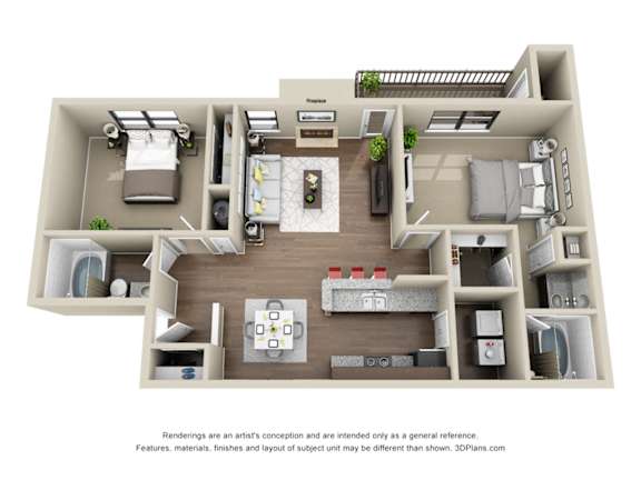 A 3D floor plan of a small apartment with a kitchen, living room, and bedroom.