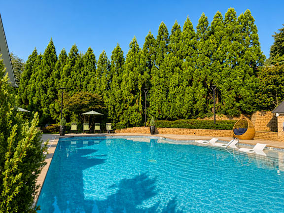 A swimming pool surrounded by trees and a gazebo.