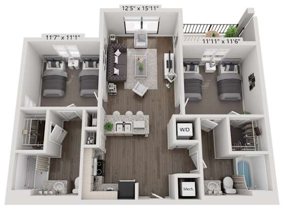 A 3D floor plan of a house with dimensions and labeled rooms.